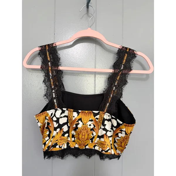 ASOS Black Gold Baroque Lace Trim Sleeveless Going Out Glam Crop Top 4 - Image 2