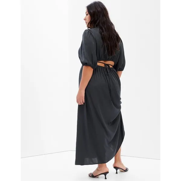 Gap Womens Black Satin Open Back V-Neck Puff Sleeve Maxi Dress Tie‎ Back - Image 2