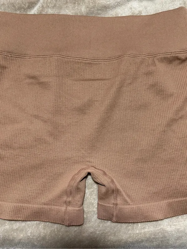 OQQ High Waist Cross Over Athletic Shorts Seamless Ribbed Bike Shorts in Taupe - Image 4