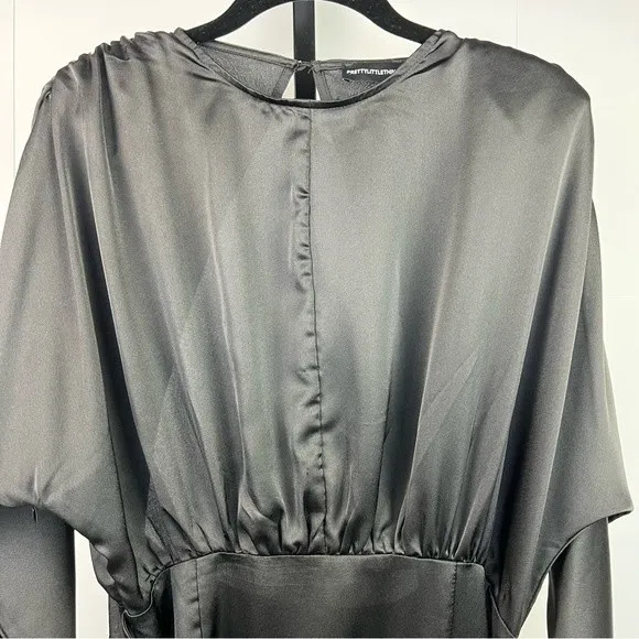 PrettyLittleThing High Slit Wrap Dress Womans 8 Black Satin Open Back Clubwear - Image 5