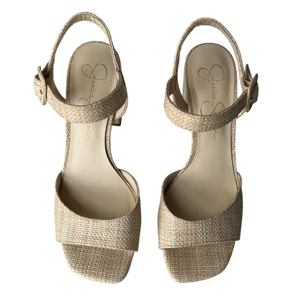 Jessica Simpson Woven Raffia Block Heel Sandals Beige Square Toe Ankle Strap 8.5 - Image 2
