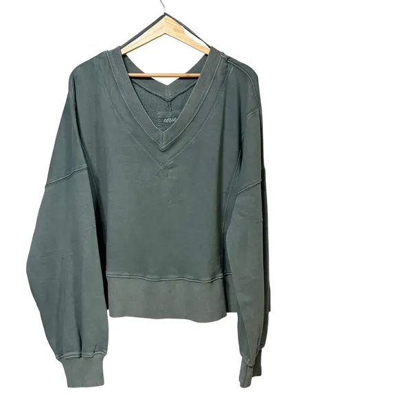 Aerie Women Oversized V-Neck Sweatshirt Olive Green Cotton Blend L - Image 2
