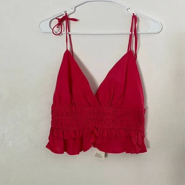 Sim & Sam Hot Pink Tie Strap Crop Top L Smocked Ruffle Coquette Y2K - Image 2