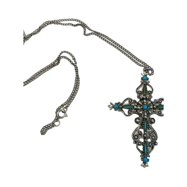 Signed Roma Cross Pendant Necklace Petit Point Faux Turquoise Christian Vintage - Image 2