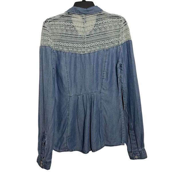 Free People Lace Embroidered Denim‎ Pearl Snap Tencel Linen Button Down Shirt 10 - Image 2