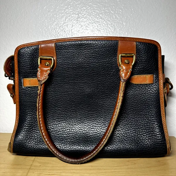 Vintage Dooney & Bourke Satchel All Weather Leather Pebble Brass Buckle Navy - Image 2