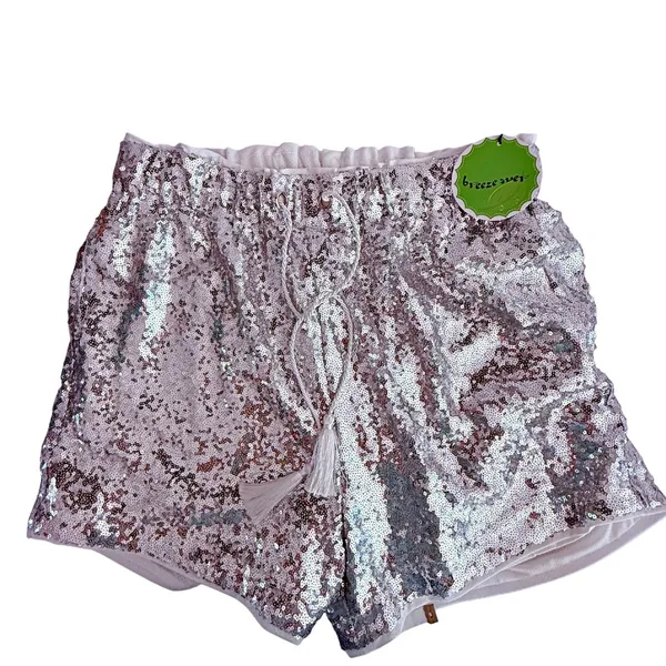 Breeze Ever NWT Women's Silver Sequin Lined High Waist Shorts Elastic LARGE - Image 2