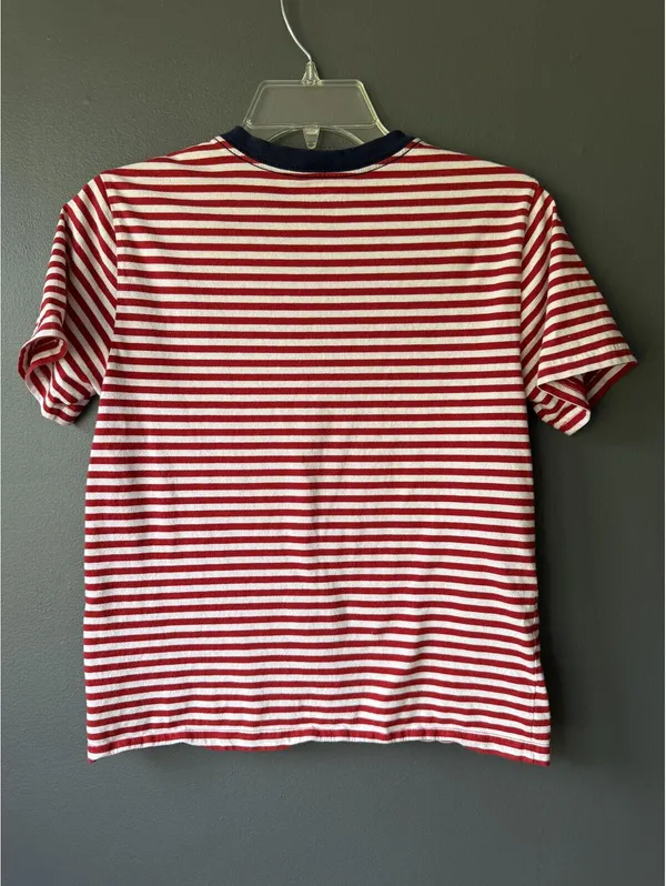Polo Ralph Lauren Red & White Striped V-Neck T-Shirt, Navy Trim, Size M - Image 2
