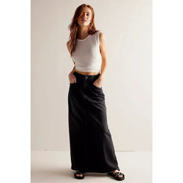 Free People Bohemian Grunge Come As You Are Denim Maxi Skirt Washed Black 12 - Image 4