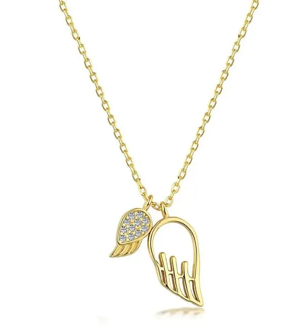 925 Sterling Silver Necklace 18k Gold Plated Angel Wings Double Pendant - Image 3
