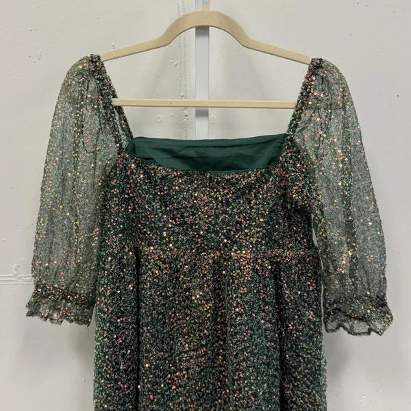 Altar'd State‎ Sparkly Beaded Embellished Green Babydoll Mini Dress Medium Boho - Image 8