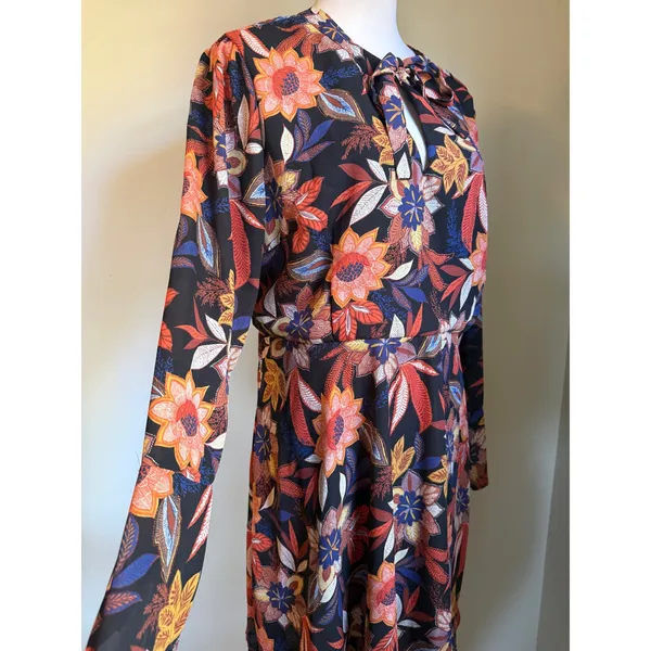 Boho Floral Long sleeve Mini Dress Black Orange whimsigoth flowy retro lotus 16‎ - Image 2