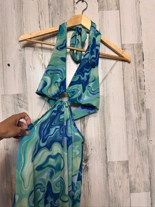 Haute Monde Cutout Maxi Dress Womens Small Blue Green Swirl O-Ring Halter Neck - Image 3