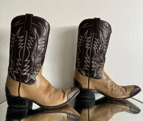 Vintage Brown Tan Leather Western Festival Wingtip Mid Calf Heeled Cowboy Boots - Image 5