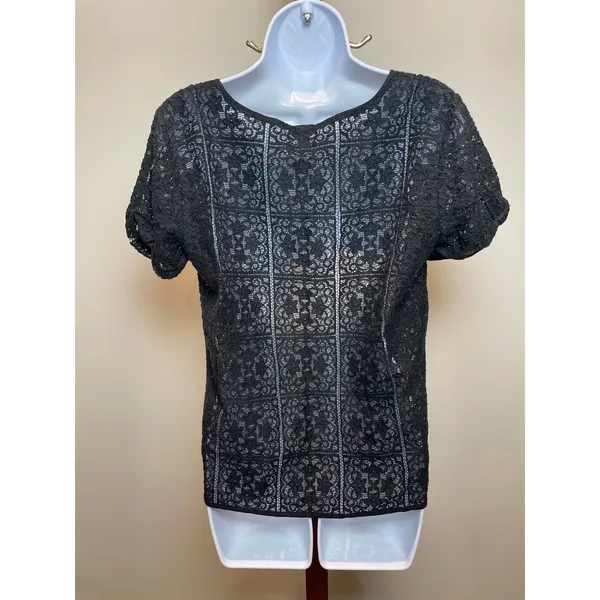 Ann Taylor Sheer Lace High‑Low Short Sleeve Top Size M Black Cotton - Image 3