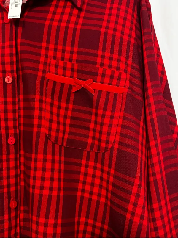 Victoria's Secret Red Plaid Full Button Nightgown Sleep Shirt Long Sleeves Large - Image 3