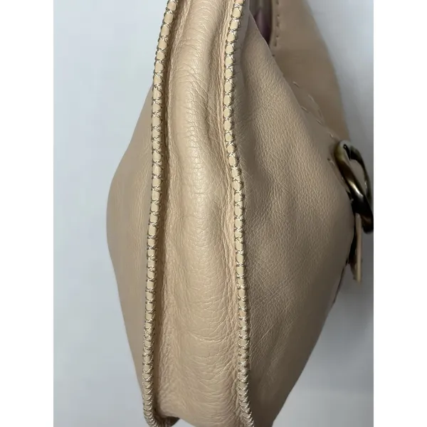 Donald J Pliner Beige Pebbled Leather Whipstitch Hobo Shoulder Bag Brass Ring - Image 6