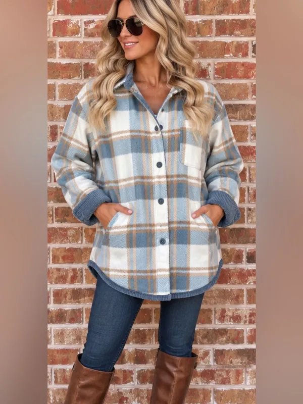 Love Tree Reversible Slate Blue Corduroy Plaid Fleece Shacket Jacket Women’s XL - Image 6