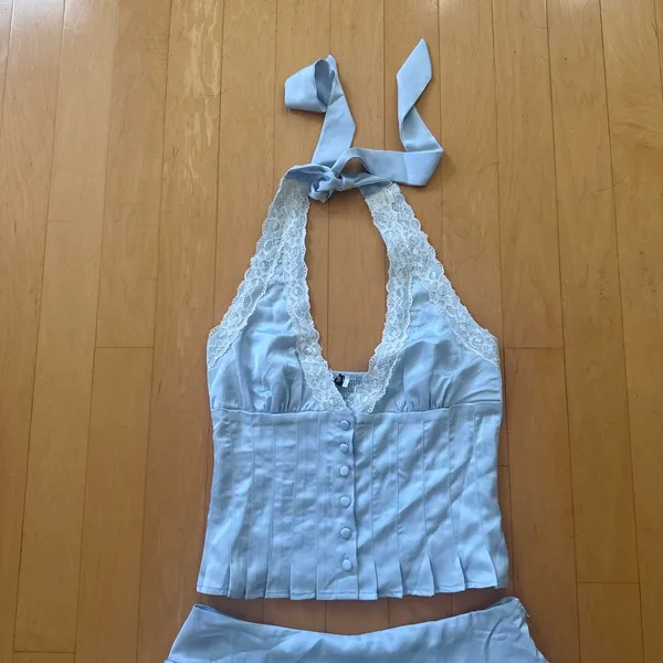 Princess Polly Over Here satin blue with lace trim halter top and skort set - Image 4