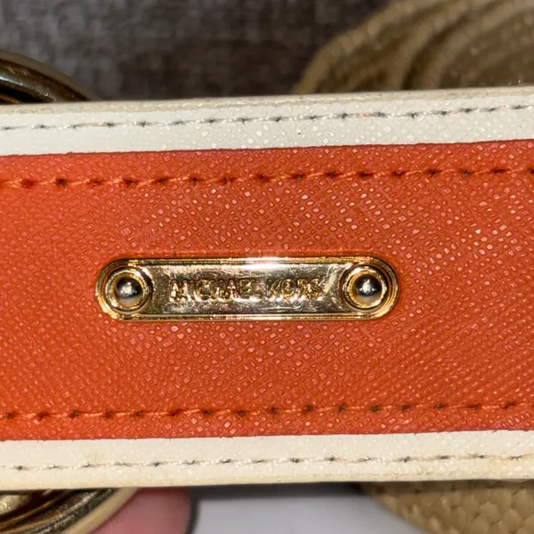 Michael Kors Woven Straw Belt Tan Orange White Leather Gold D-Ring Buckle 42" - Image 4