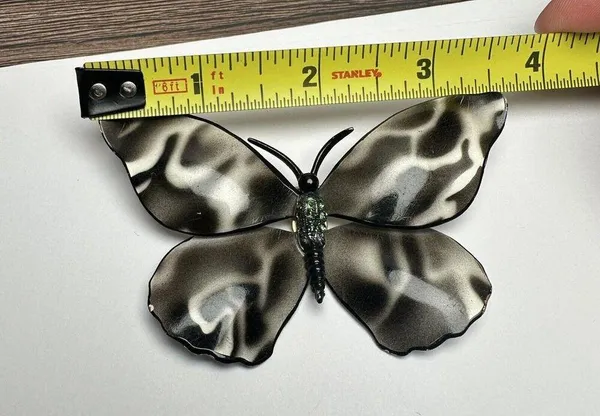 Large Rhinestone Butterfly Insect Enameled Metal Brooch Pin Enamel Black White - Image 3