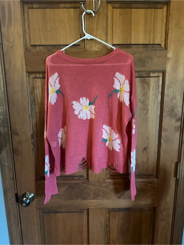 Show Me Your MuMu Coral Pink Floral Distressed Crewneck Sweater Size medium - Image 7