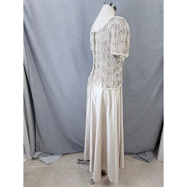 Vintage Stenay Beaded Silk Gown Ivory Geometric Seed Pearl Bodice Formal‎ Maxi 8 - Image 8