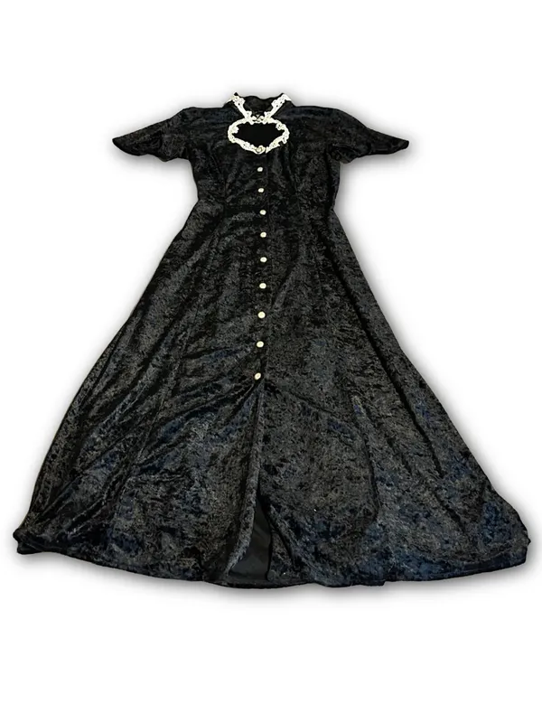 Vintage 1990'S All That Jazz Black Velvet & White Embroidered Collar Dress (6/8) - Image 8