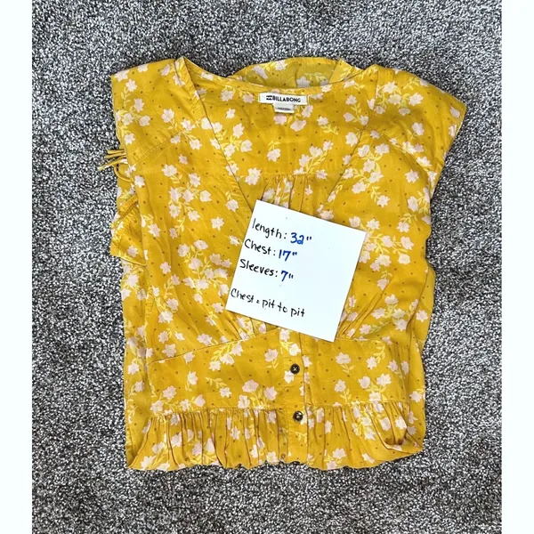 Billabong Twirl Twist Women's XS Mustard Yellow‎ Floral Button Down Mini Dress - Image 7