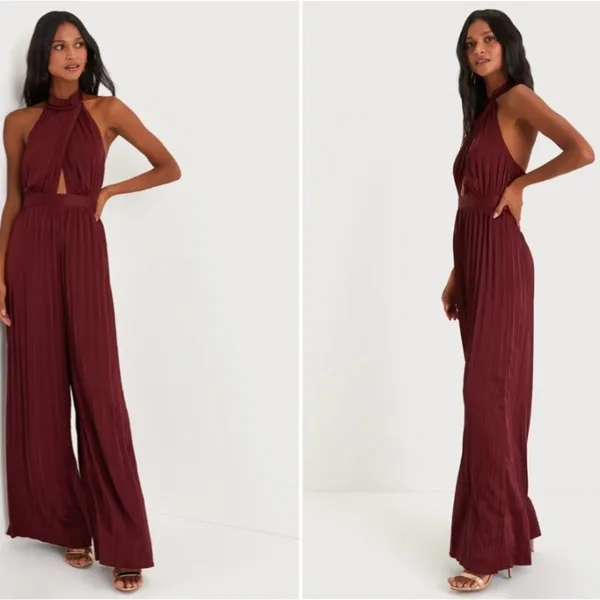 COPY - LULU's Sexy Elegant Chic Minimalistic Wedding Pleated Satin Wide Leg Jum… - Image 5