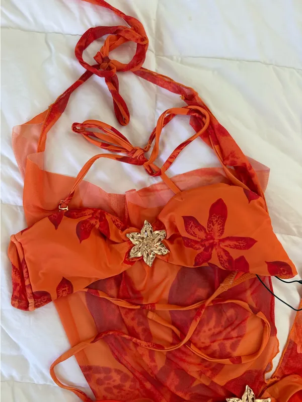 Orange Floral 3 Piece Bikini Set & Cover Up Cowl Neck Dress Sunsuit - Image 6