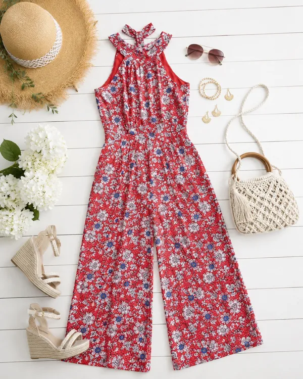Loft Red Floral Jumpsuit Halter Neck - Image 2