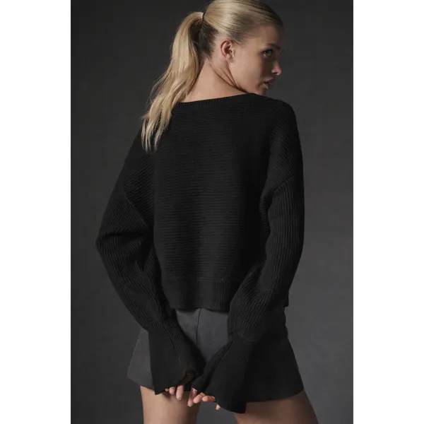 Anthropologie Maeve‎ Black Ribbed Knit Pullover Sweater Bell Sleeve Size Medium - Image 2