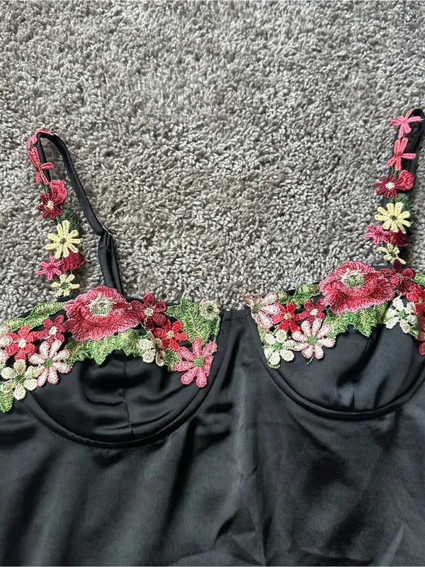 NanaMacs Black Mini Dress with Pink & Green Floral Appliqué - Image 3