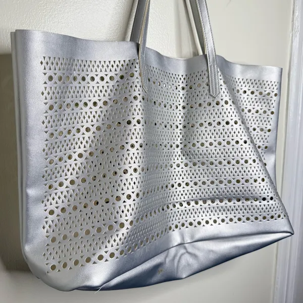 Saks Fifth Avenue Silver Laser Cut Tote Bag Reusable Shopping Bag - Image 2