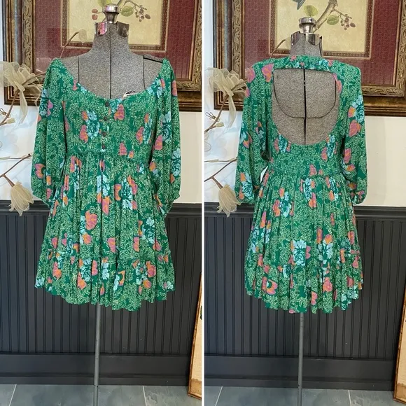 Free People Endless Summer Picnic Emerald Green Floral Boho Mini Dress - Sz S 🧡🎀 - Image 2