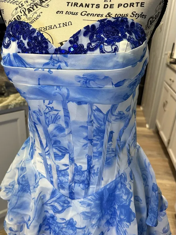 Blue & White Floral Ruffled Prom Dress - Image 2