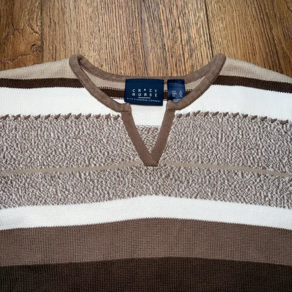 Y2K Crazy Horse Liz Claiborne Striped Sweater Womens XL Brown Cream Knit Western - Image 6