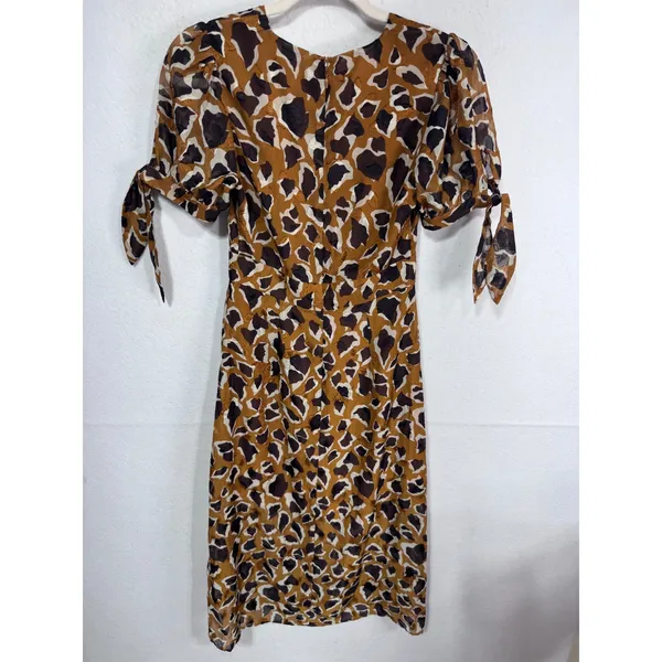 JOA XS‎ Brown Animal Print Midi Dress Women Puff Sleeve Tie Cuff - Image 8