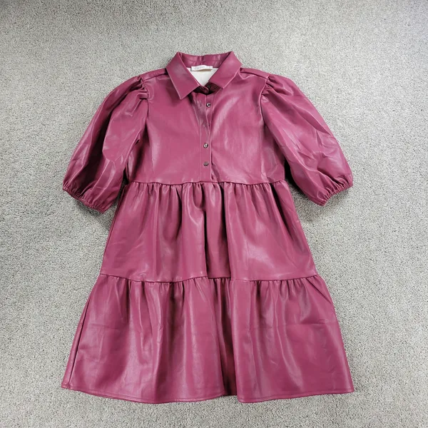 Karlie Womens Faux Leather Dress S Red Puff Sleeve Tiered Button Front Collared - Image 3