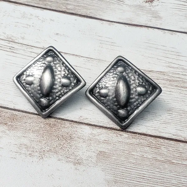 Vintage Clip On Earrings - Dark Silver Tone Diamond Shape with Design - Image 2