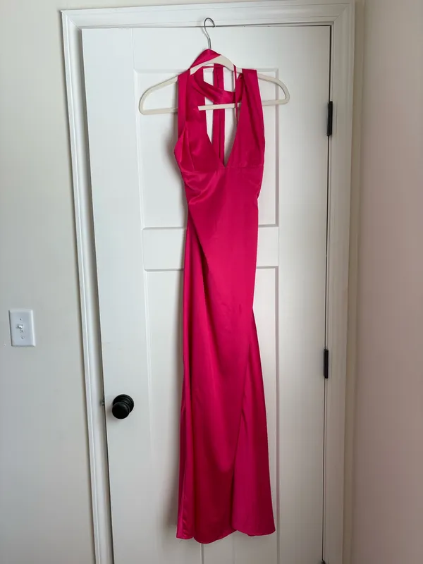 Alicia Satin Halter Maxi Dress in Fuchsia - Image 3