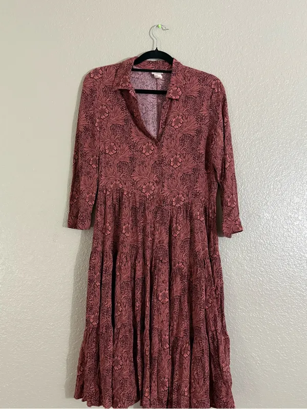 Morris & Co x H&M 6 William Morris Floral Tiered Midi Shirt Dress Burgundy Fall - Image 8
