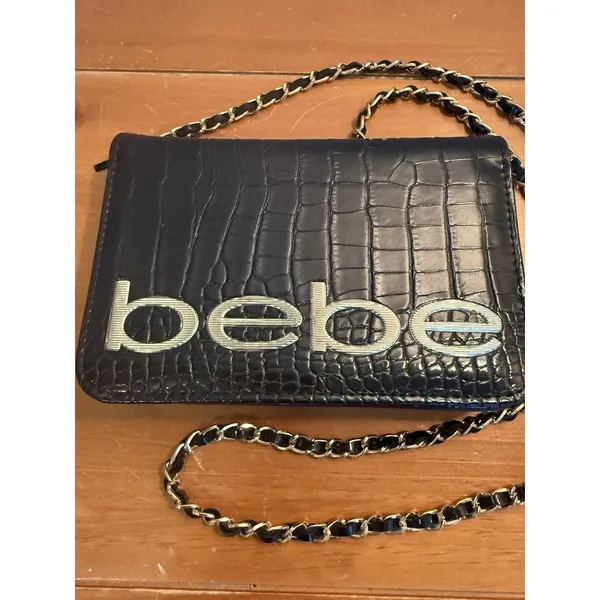 Bebe Fabiola Stamped Crocodile Faux Leather Crossbody Small‎ Handbag Black Gold - Image 2