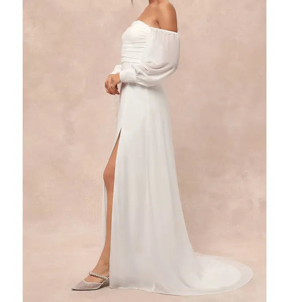 NEW Lulus Adorna White Off-the-Shoulder Semi-Sheer Button Chiffon Maxi Dress XL - Image 2