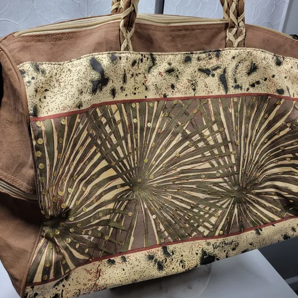 Paul Breut Travel Weekender Duffle Bag Large Brown Canvas Sequin Palm Tree Print - Image 6