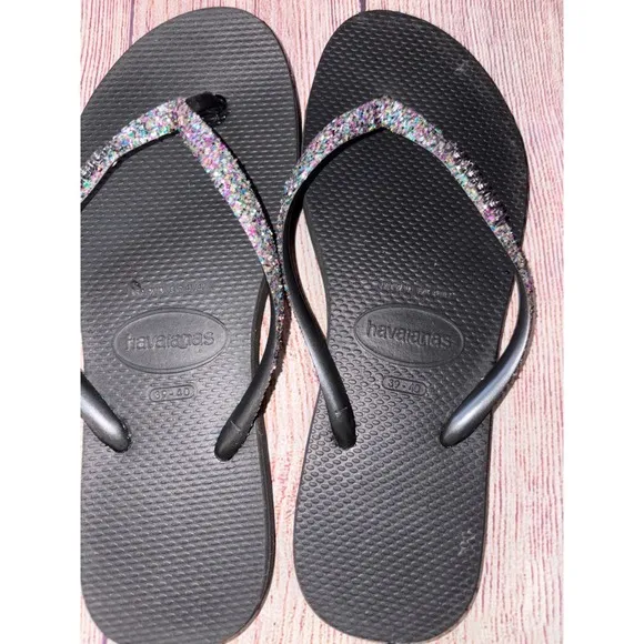 Havaianas Glitter Black Multi Flip Flop Sandals Womens Size 9/10 EUR 39-40 - Image 3