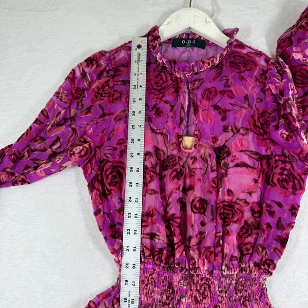 o.p.t Womens Floral Burnout Velvet Mini Dress Magenta Pink Smocked‎ Waist XS - Image 5