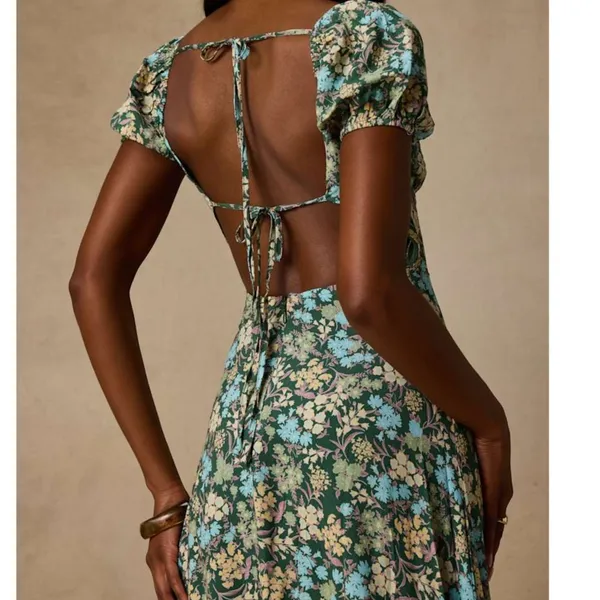 NEW Lulus Meadow Muse Green Floral Tie-Back Puff Sleeve Cottagecore Midi Dress - Image 5