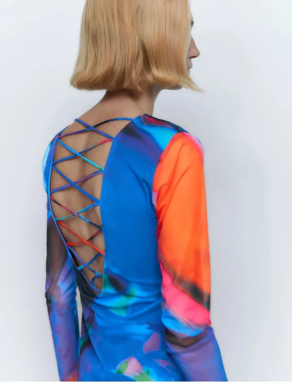Zara multicolored tulle mesh long sleeve mini dress criss cross back size medium - Image 2